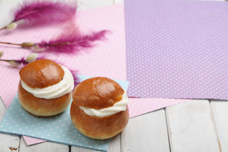Fastelavnsris and other Fastelavn decorations, scissors and traditional buns