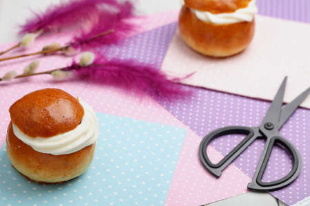 Fastelavnsris and other Fastelavn decorations, scissors and traditional buns