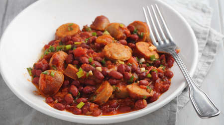 Fasolka po bretonsku, the Polish baked beans with roasted sausagesの写真素材