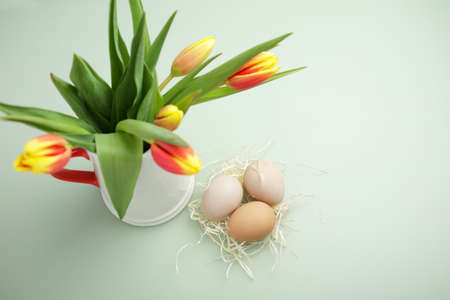 Easter eggs tulips flowers on green backgroundの写真素材