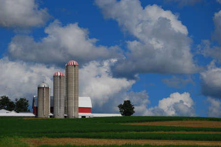 A barn with three silos and a lone tree against a partly cloudy sky.の写真素材
