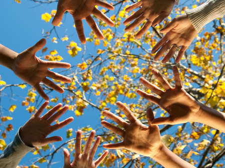 Four teens of varying nationalities reaching towards each other's hands outdoors in the fall