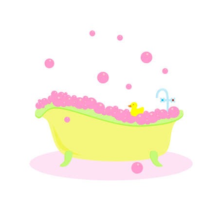 yellow bath on white background with pink soap bubblesのイラスト素材