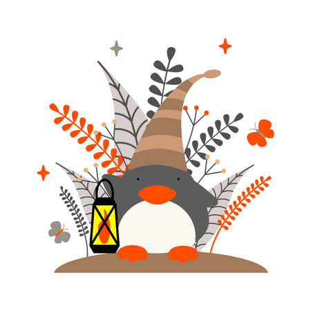 penguin in a nightcap in the forest with a flashlight on a white background childrens illustration flatのイラスト素材