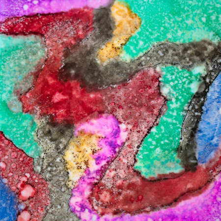 Handmade square watercolor with red, black, green and purple. Useable as a background or texture.