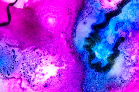 Handmade watercolor with purple and blue with black squiggly lines. Useable as a background or texture.の写真素材