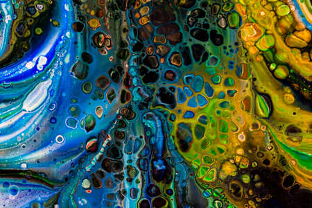 Handmade modern abstract painting. Made with fluid acrylic paints, by acrylic pouring with silicone and torching. Useable as a background or texture.の写真素材