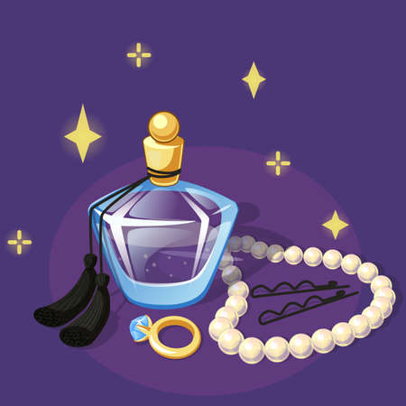 Perfume bottle, ring, hair clips, pearl necklace surrounded by golden sparks on purple backgroundのイラスト素材