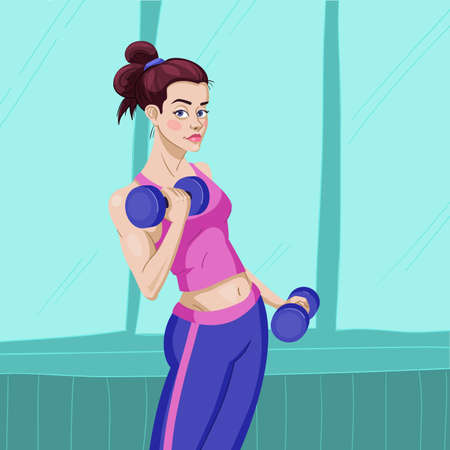 Athletic woman wearing a pink and blue sportswear standing near a window with dumbbells in her hands, making biceps exercisesのイラスト素材