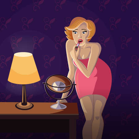 Young blonde woman wearing a red dress is standing near a table with a lamp on it and making makeup in front of a mirror using a lipstick on wallpaper backgroundのイラスト素材