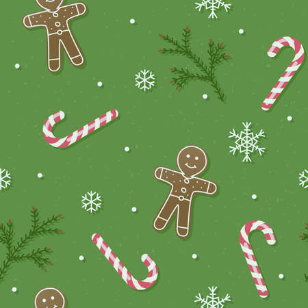 Christmas and new year pattern with cookie, pine, snowflakes, and lollipopsのイラスト素材