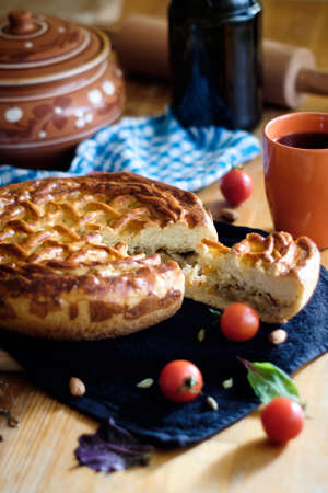 Close up photo of cabbage pie on the table の写真素材