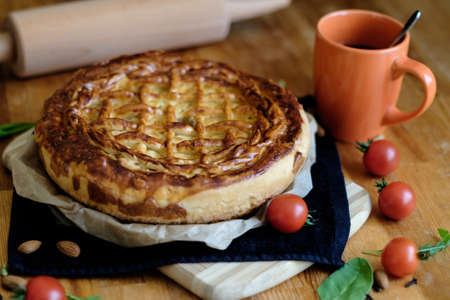Close up photo of cabbage pie on the table の写真素材