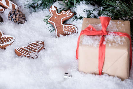 Christmas theme wrapped gifts with pine tree branches and homemade cookies on white snowの写真素材