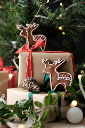 Close up photo of Christmas cookies with deer shape on wrapped gift boxes under a evergreen treeの写真素材