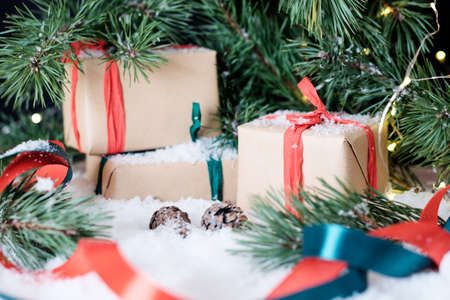 Christmas theme wrapped gifts with pine tree branches on white snowの写真素材