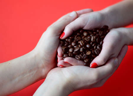 tender woman hands pass coffee in strong masculine handsの写真素材