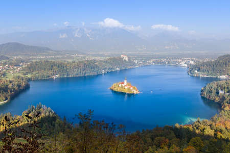 View at Bled lake and Pilgrimage Church of the Assumption of Mary from the topの写真素材