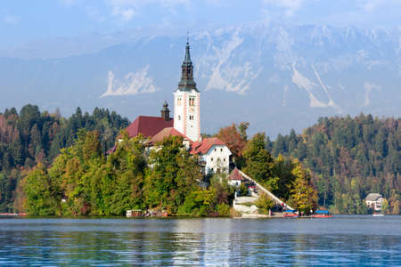View at Bled lake and Pilgrimage Church of the Assumption of Mary, popular tourist destinationのeditorial素材