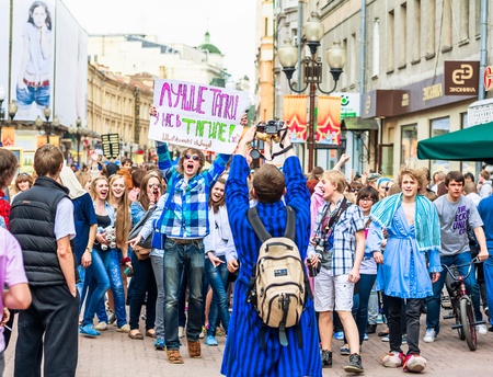 MOSCOW, RUSSIA - APRIL 30: Youth having fun on Old Arbat - a very popular tourist pedestrian street,...