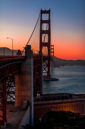Sunset and Golden Gate bridge in California, USAの写真素材