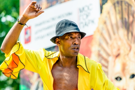 MOSCOW, RUSSIA - 18 MAY: Participants of annual carnival in Moscow in Ermitage Garden - latin dancer on stage. Moscow, 18 may, 2013のeditorial素材