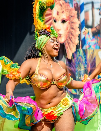 MOSCOW, RUSSIA - 18 MAY: Participants of annual carnival in Moscow in Ermitage Garden - latin dancer...