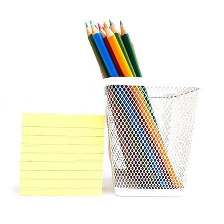 Color pens and yellow noteの写真素材