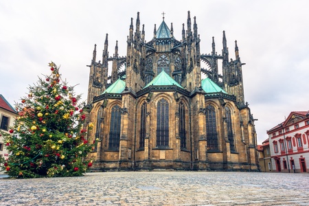 View of the Christmass tree and St  Vitus cathedral on St  George Square in Prague Castle in Prague, Czech Republicの写真素材