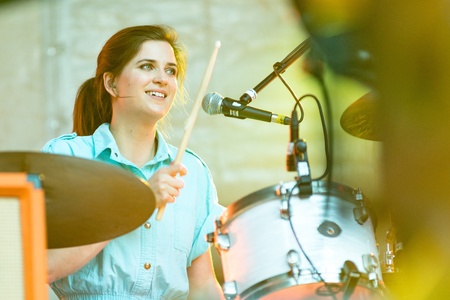 MOSCOW, RUSSIA - 1 JUNE: Sarah Jones (Hot Chip) playing on Moscow Ahmad Tea Music Festival. Moscow, 1 June, 2013のeditorial素材