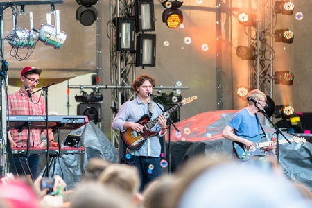 MOSCOW, RUSSIA - 1 JUNE: Gus Unger-Hamilton, Joe Newman and Gwil Sainsbury (Alt-J) playing on Moscow Ahmad Tea Music Festival. Moscow, 1 June, 2013のeditorial素材