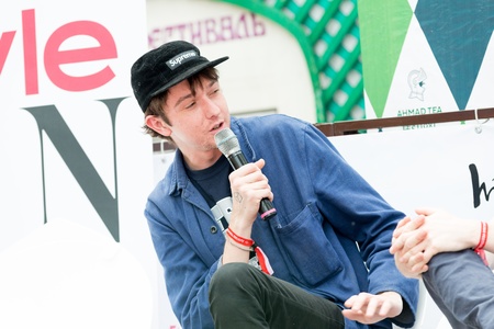 MOSCOW, RUSSIA - 1 JUNE: Alt-J answering journalists questions on Moscow Ahmad Tea Music Festival. Moscow, 1 June, 2013のeditorial素材