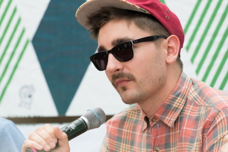 MOSCOW, RUSSIA - 1 JUNE: Gus Unger-Hamilton (Alt-J) answering journalists questions on Moscow Ahmad Tea Music Festival. Moscow, 1 June, 2013のeditorial素材