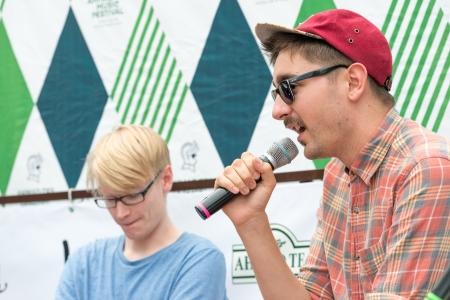 MOSCOW, RUSSIA - 1 JUNE: Alt-J answering journalists questions on Moscow Ahmad Tea Music Festival. Moscow, 1 June, 2013のeditorial素材