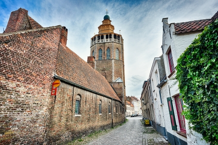 Jerusalem church and paved street in Bruges, Belgiumのeditorial素材