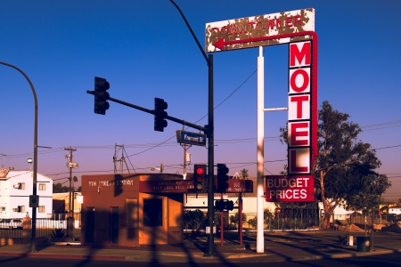 LAS VEGAS - OCTOBER 3: Downtowner Motel historical sign in Fremont Street Entertainment District. Fremont Street is the second most famous street in the Las Vegas Valley after the Las Vegas Strip. Las vegas, October 3, 2013のeditorial素材
