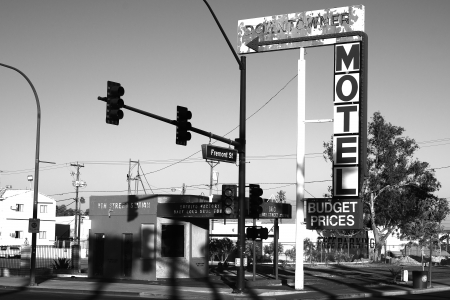 LAS VEGAS - OCTOBER 3: Downtowner Motel historical sign in Fremont Street Entertainment District. Fremont Street is the second most famous street in the Las Vegas Valley after the Las Vegas Strip. Las vegas, October 3, 2013のeditorial素材
