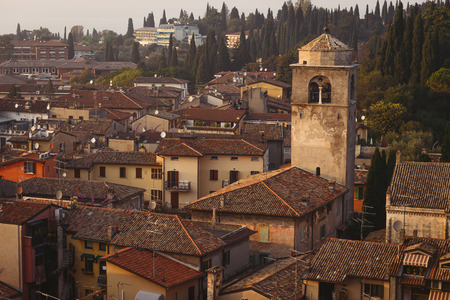 Houses and the church in the old center of Sirmione, Italyの写真素材