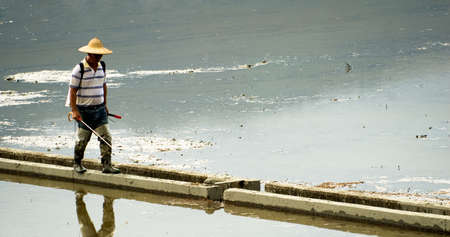 It is a farmer spray insecticide with traditional way on the farm.の写真素材