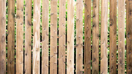 Here are brown palisade in front of green garden.の写真素材