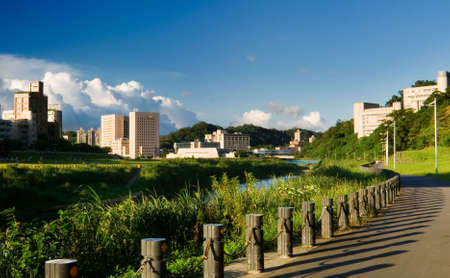 It is a beautiful cityscape of riverbank.の写真素材