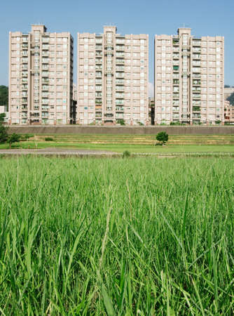 It is beautiful cityscape of apartments with grassland.の写真素材
