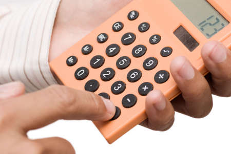 Business man use calculating machine on white background.の写真素材