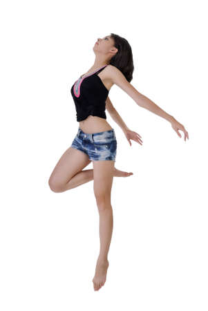Jump, full length portrait of Asian beauty isolated on white background.