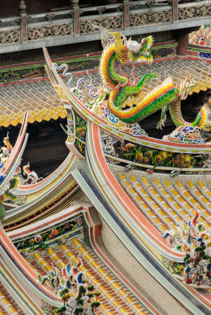 Chinese temple roof with carving of dragon.の写真素材