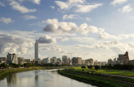 City scenery with river in Taipei with famous 101 skyscraper landmark building in Taiwan.の写真素材
