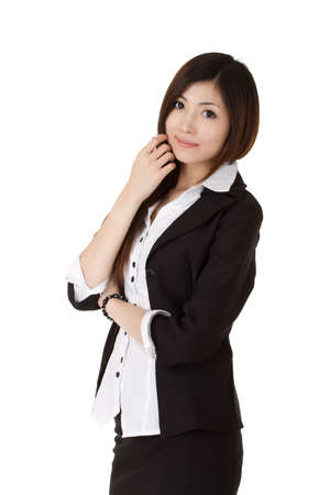 Friendly business woman with smiling expression over white background.の写真素材
