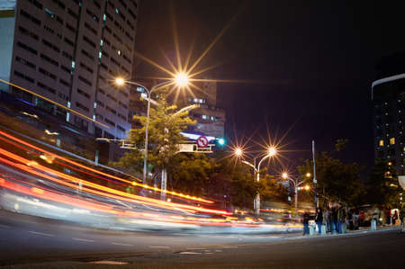 City night scene with cars motion blurred in Taipei, Taiwan, Asia.の写真素材