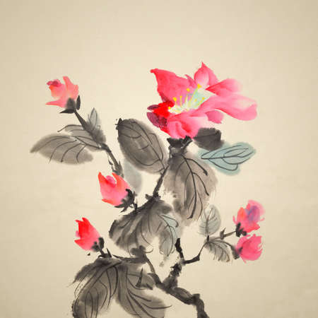 Chinese traditional ink painting of red flowers on art paper.の写真素材