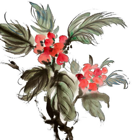 Chinese traditional painting of ink artwork with colorful flowers on white art paper.の写真素材